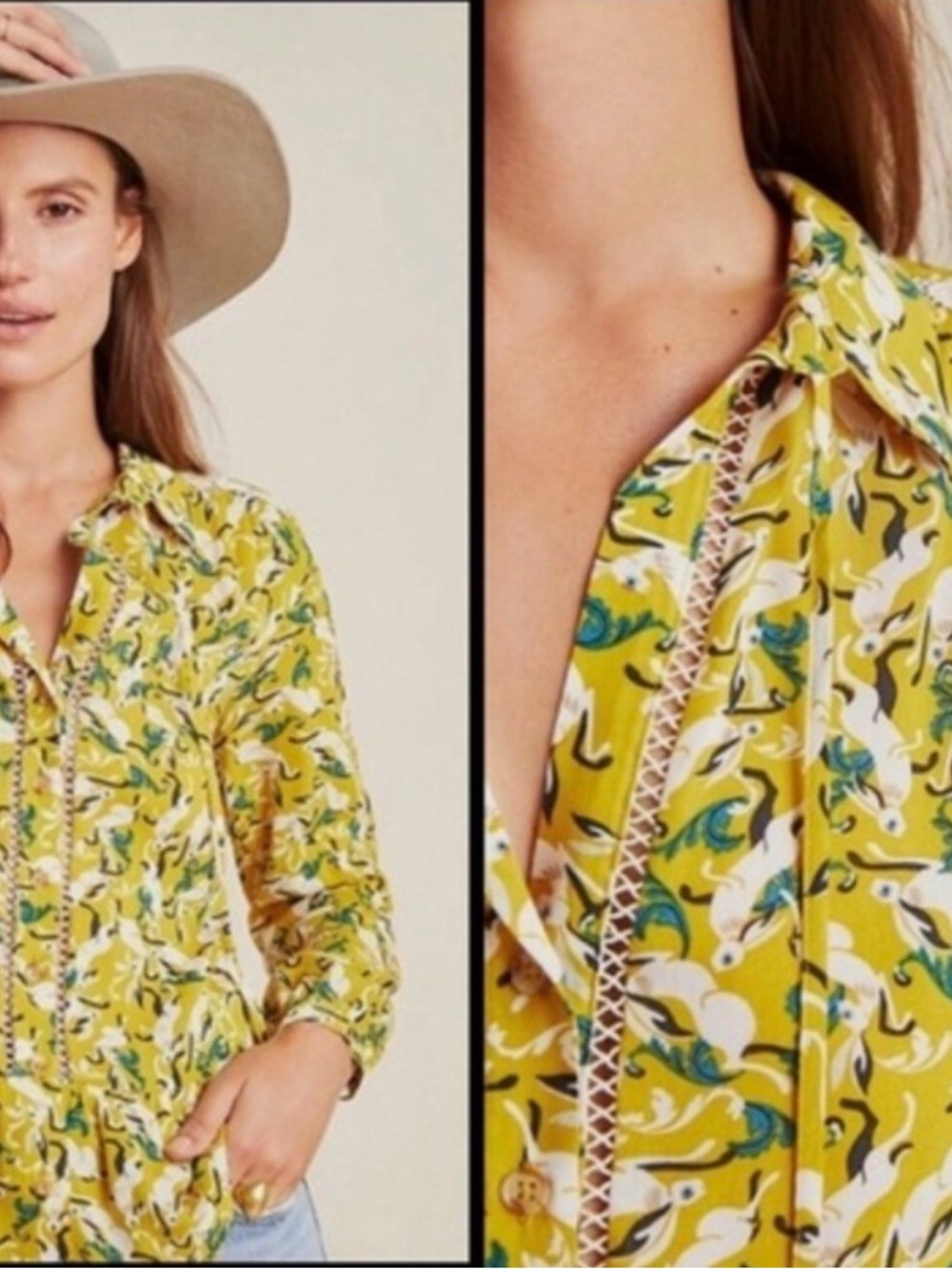 Anthropologie Maeve Janie Flounced Peasant Blouse 4 Yellow Rabbit Print Boho 70s